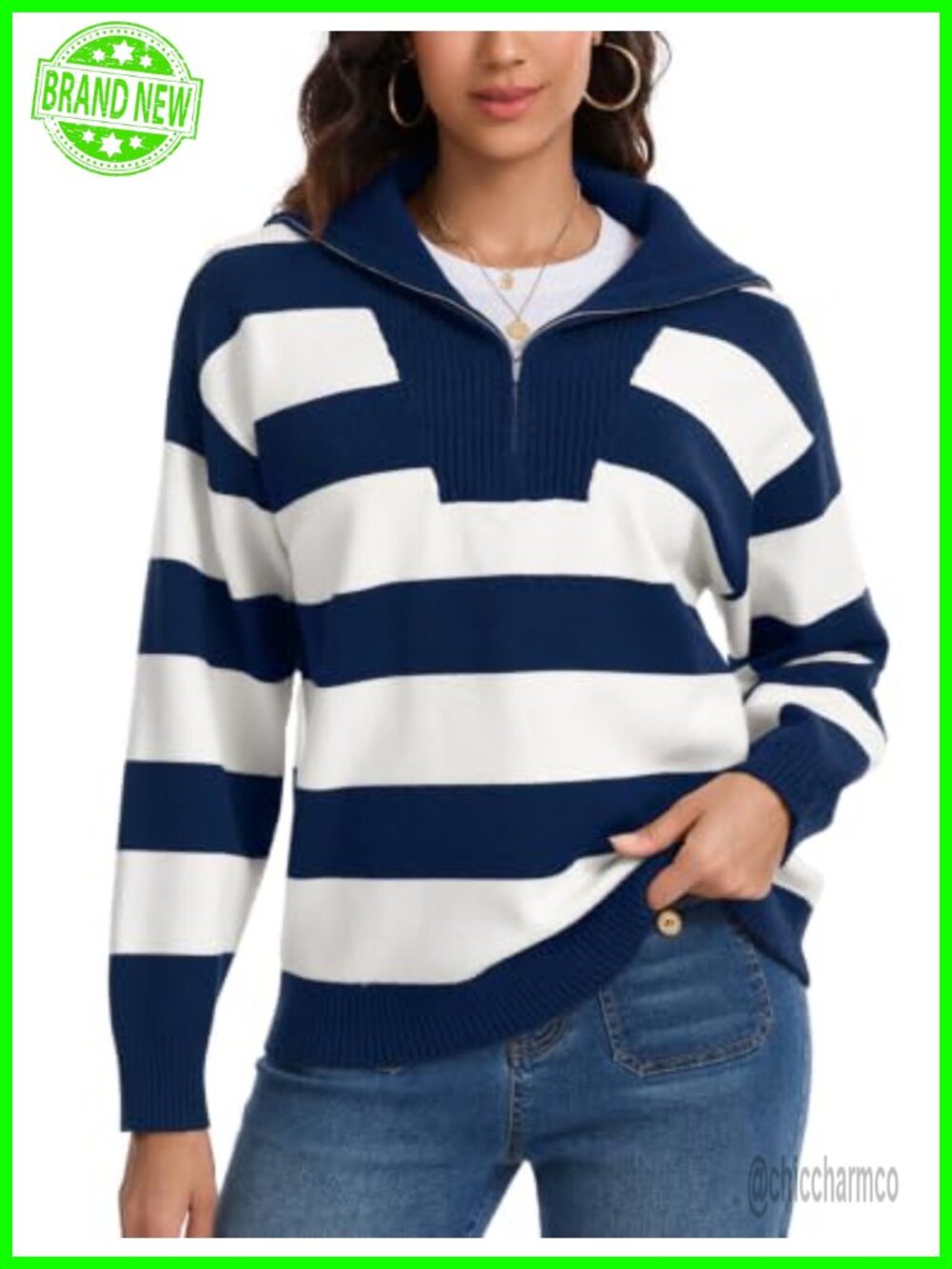 Women's Oversized Quarter Zip Stripe Knit Pullover Sweater